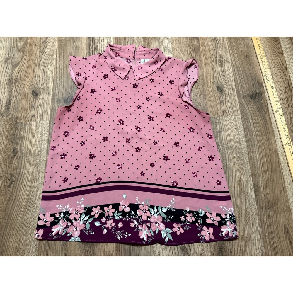 Elle Blouse, Women's Size Small, Pink, Black Polka Dots, Floral, Sleeveless